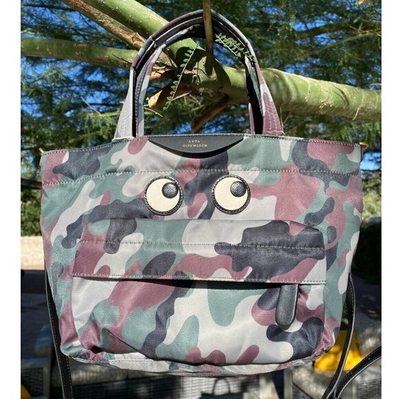 Anya Hindmarch camouflage logo eyes tote bag crossbody green brown olive black - Picture 2 of 13